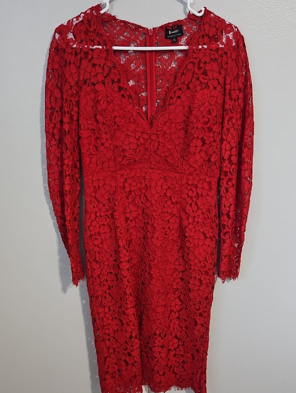 Bardot Red Long Sleeve Lace Midi Dress